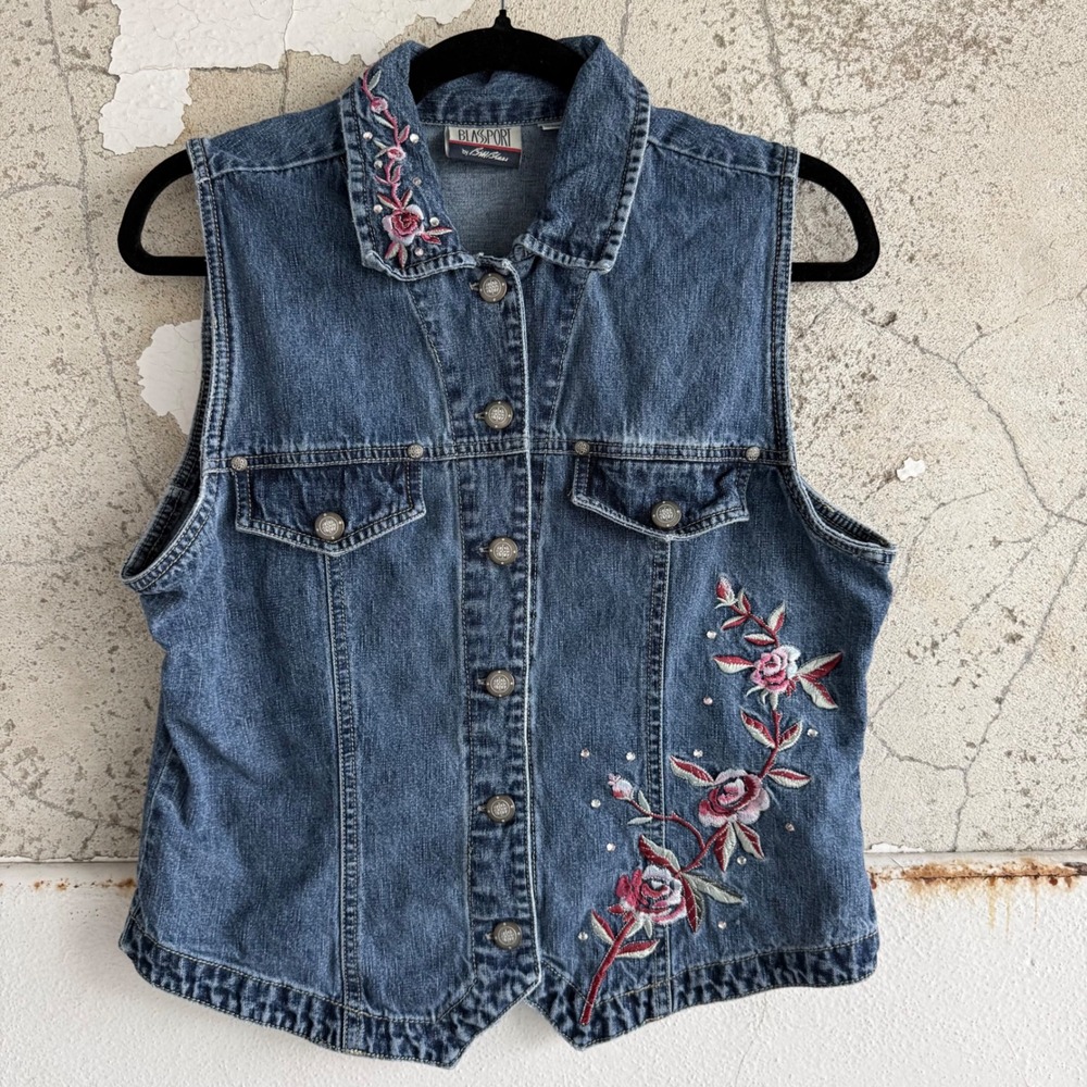 Vintage 90s Denim Vest Floral Embroidered Jean Jacket Bill Blass Blassport M